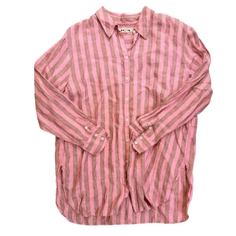 Boden Button Down Shirt Relaxed Linen Striped Pink Brown US 12R - Picture 2 of 4